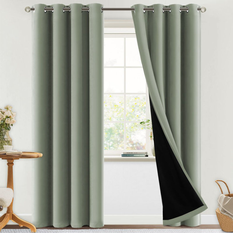 Eliott Solid 100% Blackout Thermal Insulated Grommet Curtain Panels Heat and Full Light Blocking Curtains for Living Room with Black Liner 2 Panels Set