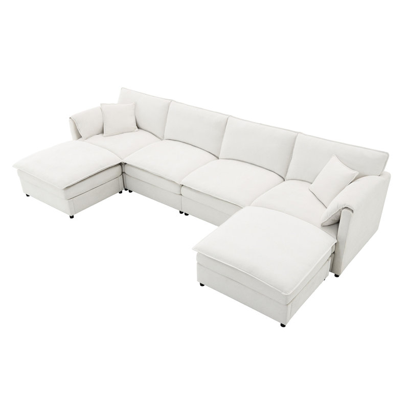 Chenille 6 places en forme de U avec coussins doubles et repose-pieds mobiles, éclat de salon, housse de lit en tissu crème, doux