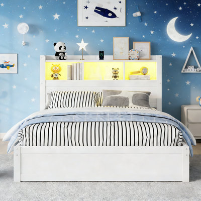 Lit double avec tiroirs, lit double en bois avec tête de rangement et armoire de rangement, lit en bois avec lumière et douille, blanc