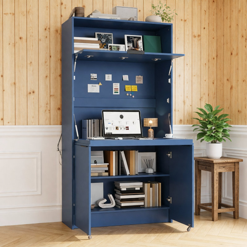 Garde-manger compact, buffet de 69 po de hauteur avec huche et poste de travail pliable, armoire de rangement multifonctionnelle avec tablette réglable et prise de courant pour la salle à manger, le salon, bleu foncé