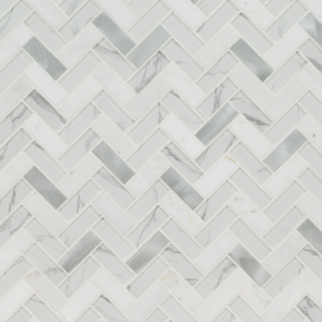 White Etherea Herringbone 12 in. x 12 in. Glass Stone Metal Blend Mosaic Wall Tile Ackland