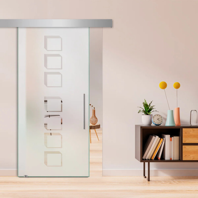 Porte de grange coulissante en verre sans cadre avec design moderne sablé et quincaillerie (semi-privée), 38 po x 84 po