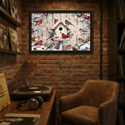 Motif de Noël en bois de Noël et oiseaux enneigé