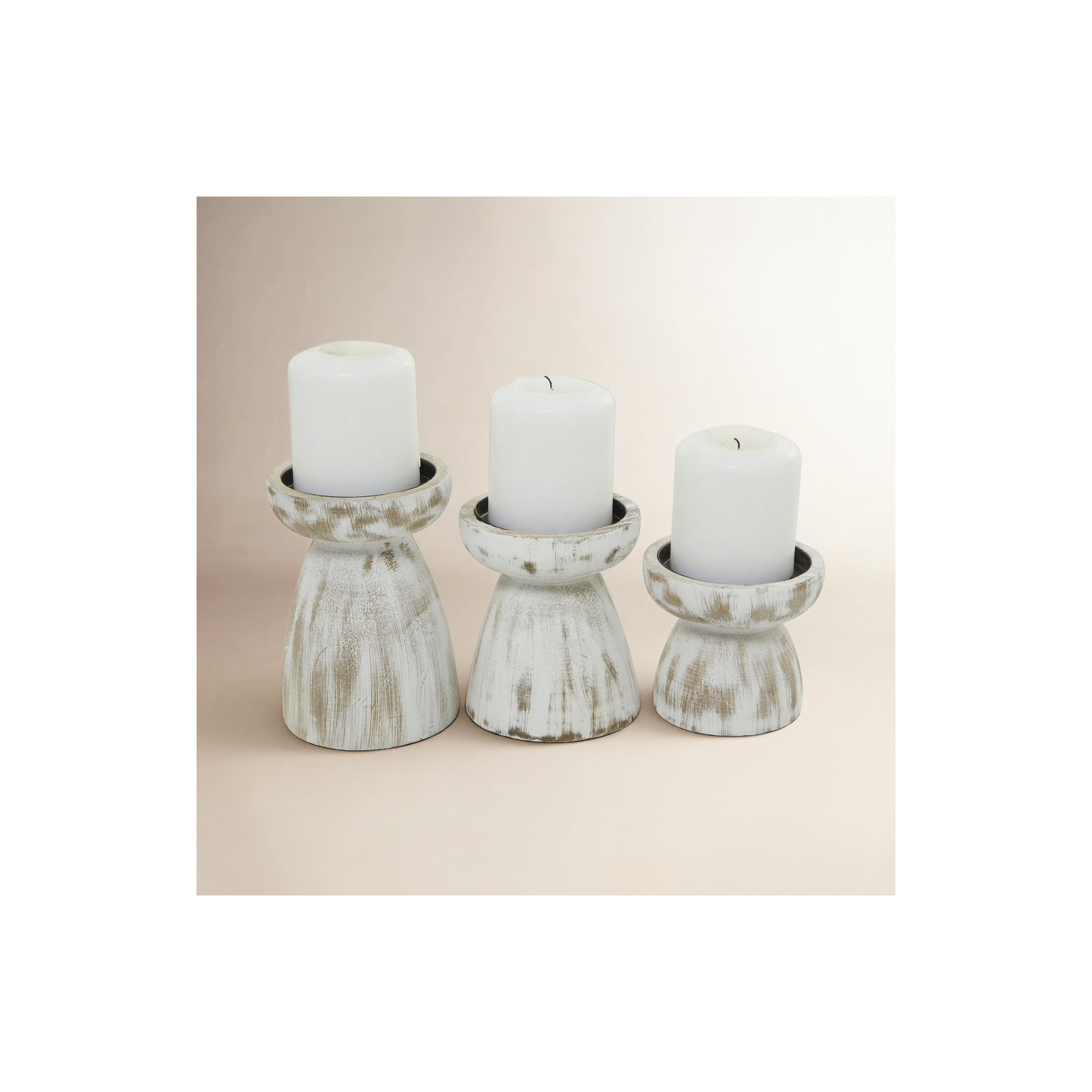 3 Piece Wood Tabletop Candlestick Set, White Wash