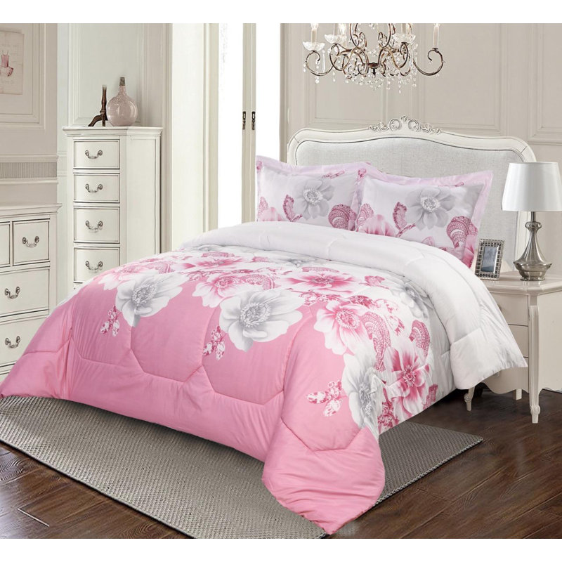 Pink Trendy Printed Bedspread Floral Design Quilted with Pillow Shams, Super King Bedspread + 2 Standard Shams