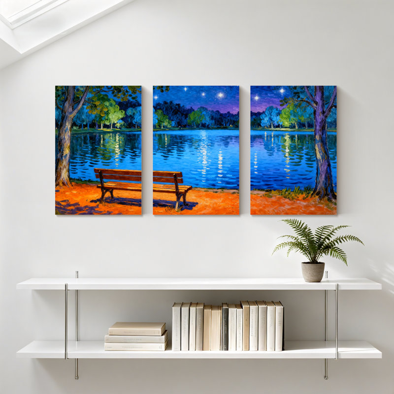 Abstrait nuit, lac, arbres, étoiles, reflets, ciel, ensemble de 3 impressions sur toile, H 24 po x l 48 po