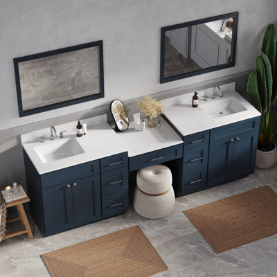 96'' Double Bathroom Vanity With Desk Dovetail Solid Wood Drawer With Carrara Quartz Top
