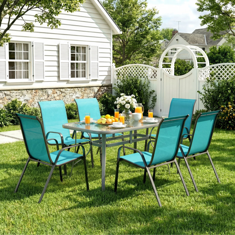 Patio Dining Set For 6, Outdoor Table And Chairs With 1.69″ Umbrella Hole, All Weather Patio Furniture Set, 30"X 55" Table And Stackable PVC-coated polyester Chair, For Lawn, Deck (Umbrella Not Included) (Gray Table and Sky Blue chairs)