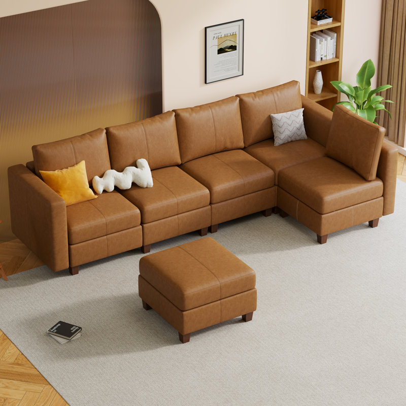  Canapé modulaire modulaire avec repose-pieds avec rangement, canapé modulaire rembourré et confortable pour salon, chambre à coucher, canapé en L 5 places avec 1 repose-pieds, similicuir brun