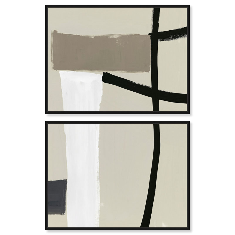 Ensemble d'art bohème minimaliste « Géométrie linéaire II » sur toile encadrée par Art Remedy, cadre noir, 48 x 36