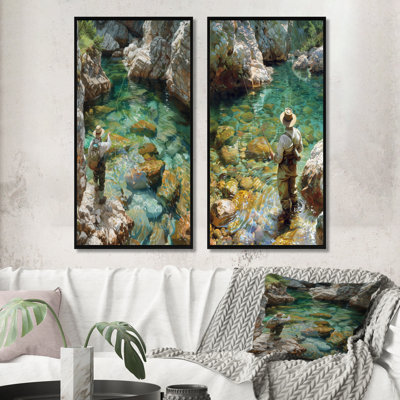 River Trout Fishing In The Mountains III - Hunting & Fishing Wall Art 2 Pieces Set