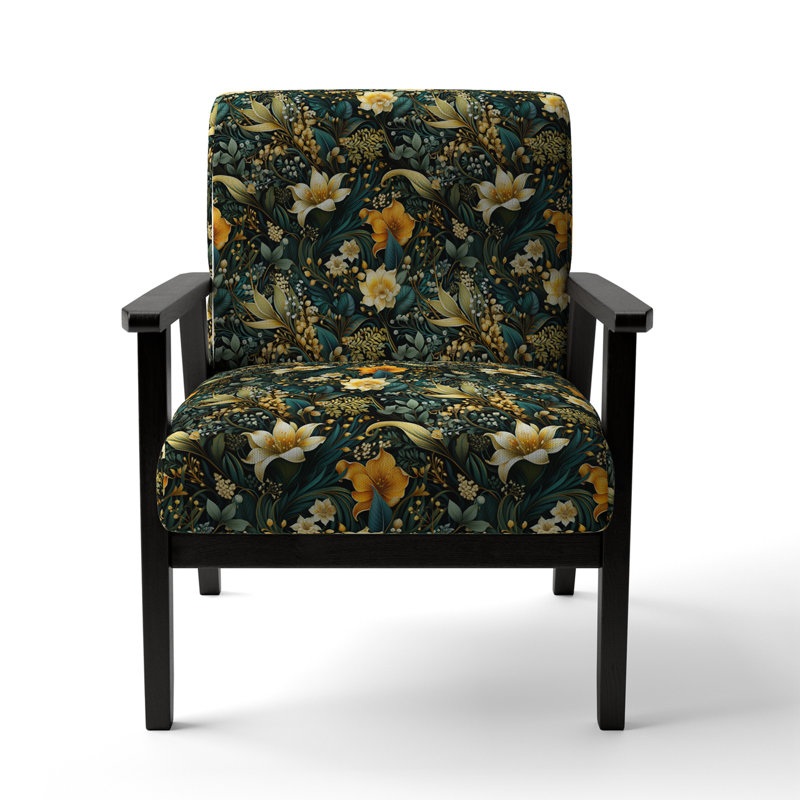 Contemporary Nature Paisley Botanic Pattern - Upholstered Boho Arm Chair, Green Accent Chair, Black Square Arms