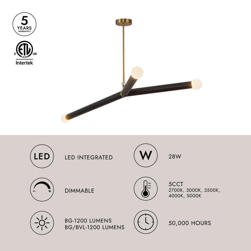 Calla 3 - Light LED Chandelier, Brushed Gold/Black Vegan Leather