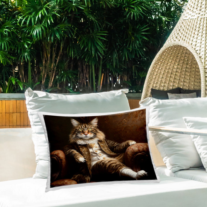 Coussin d'extérieur imprimé Baron Whiskerton Cat par Kelley Parker, Chat brun, Rectangle H 14 po x l 20 po