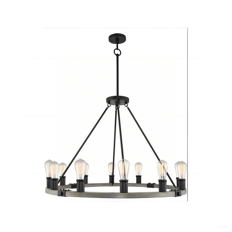 Lustre de style rustique industriel en forme de roue de chariot 50 pouces 16 lumières, îlot de cuisine rond, finition noire
