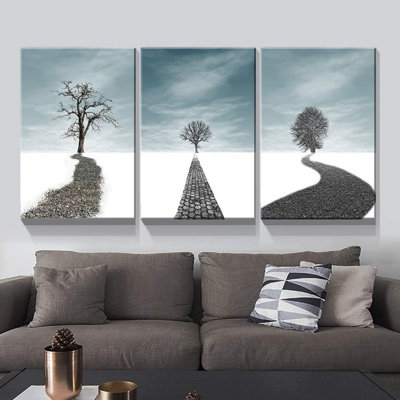 "Black Tree Tree" noir et blanc 12 x 16 pouces, ensemble de 3 œuvres d'art sur toile, pour visiteurs