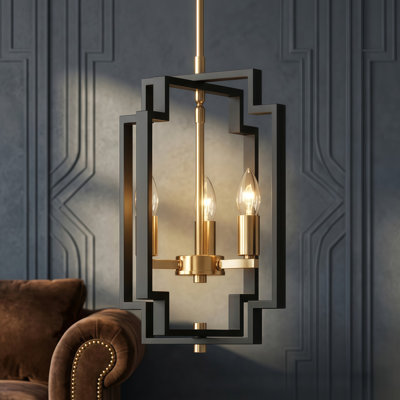 Lustre rectangulaire moderne en laiton poli / noir à 3 lumières avec décorations en fer forgé Bartow pour salle à manger ou îlot de cuisine