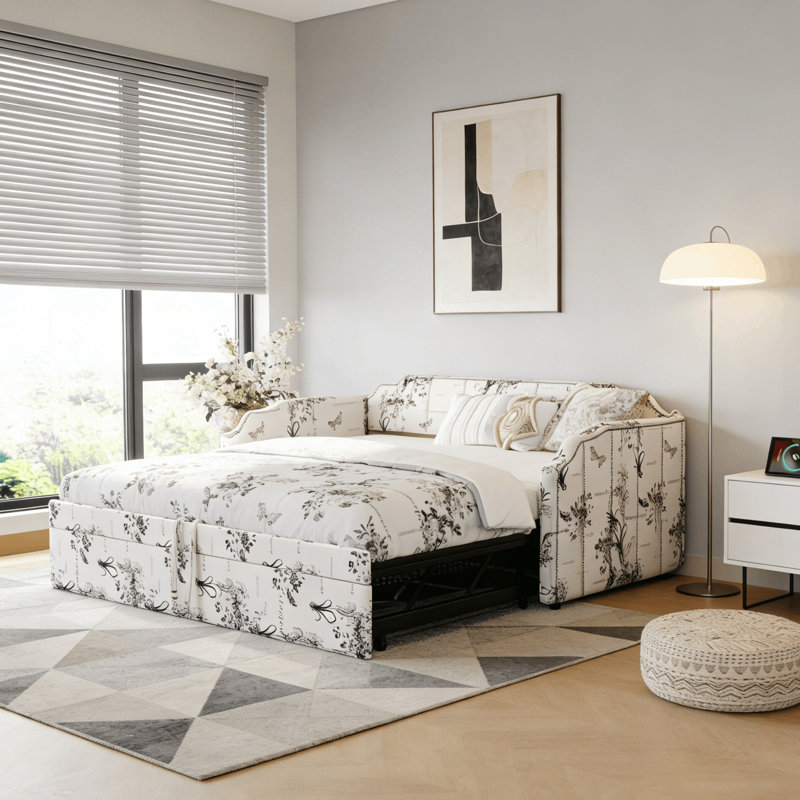 Twin Tufted Upholstered Daybed With Trundle And Usb Ports, Botanical Print