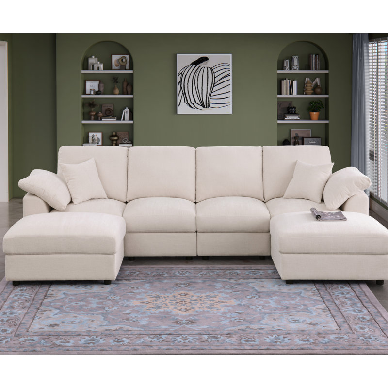 Sectional Sofa With 2 Ottomans, Beige