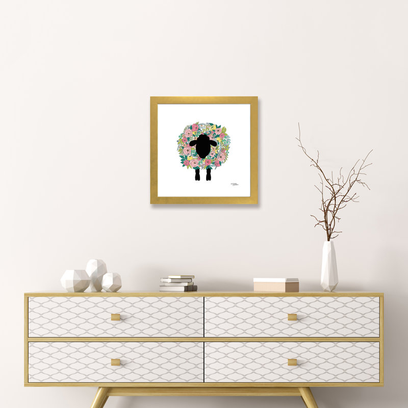 Floral Sheep par Michele Norman - impression d'art graphique, H 16 po x l 16 po x p 1 po, Papier encadré doré, Blanc
