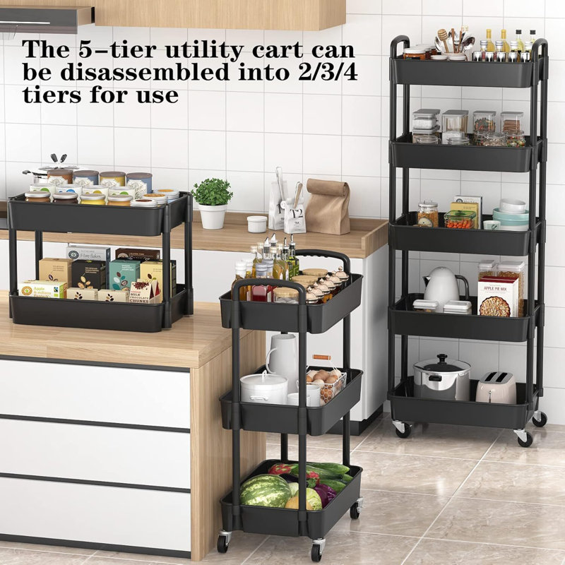 Plastic Rolling Utility Cart with, Black