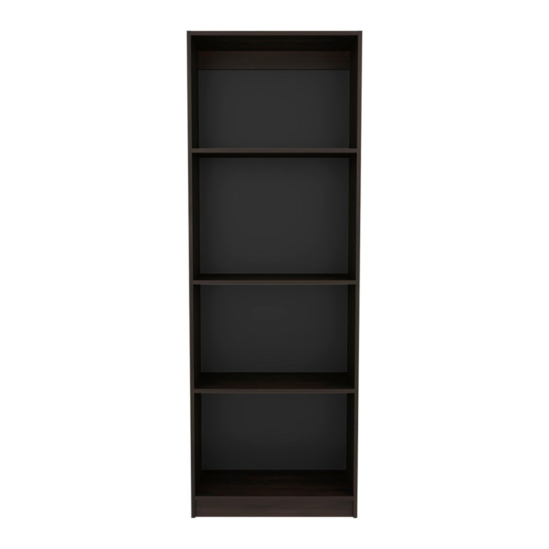 Bibliothèque en noyer teint avec rangement spacieux, conception à 4 tablettes, tons de bois chauds pour le rangement vertical des livres,