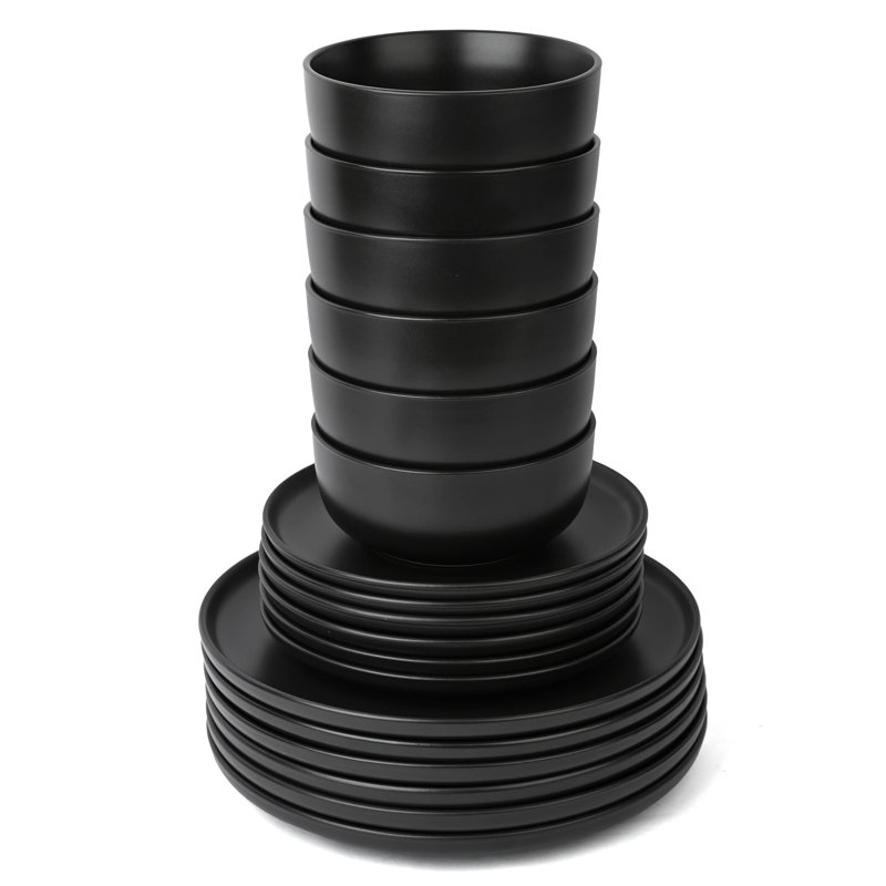 Waterside 18pc Solid Colour Coupe Porcelain Dinner Set, Black