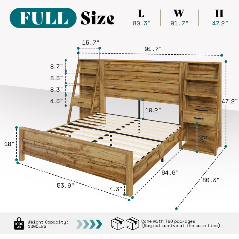  Louby Farmhouse Full Platform Bed With Headboard, Bookshelves, Charging Station and Drawers, Yellow, Full, Yellow