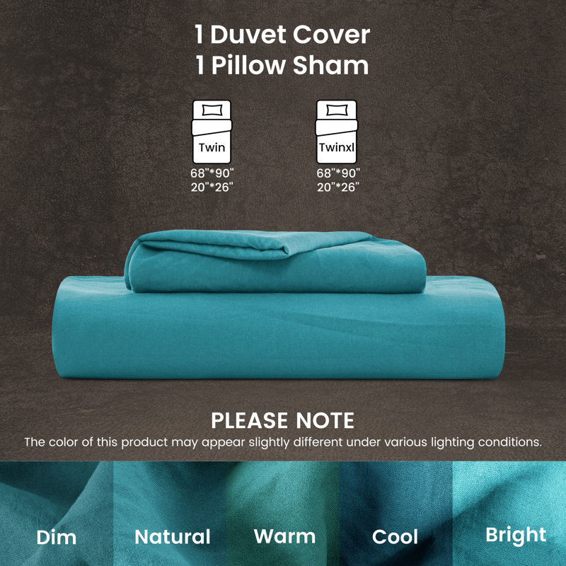 Ensemble de housse de couette délavé, microfibre unie douce et respirante facile d'entretien, Sarcelle, Lit simple