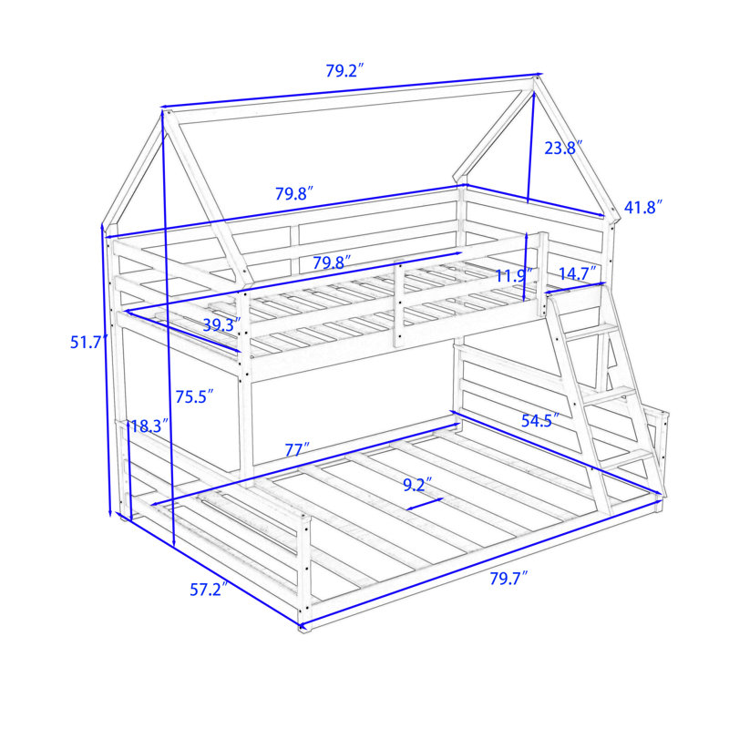 Lit superposé House, lit superposé simple au-dessus d'un lit double en bois avec échelle intégrée, Blanc