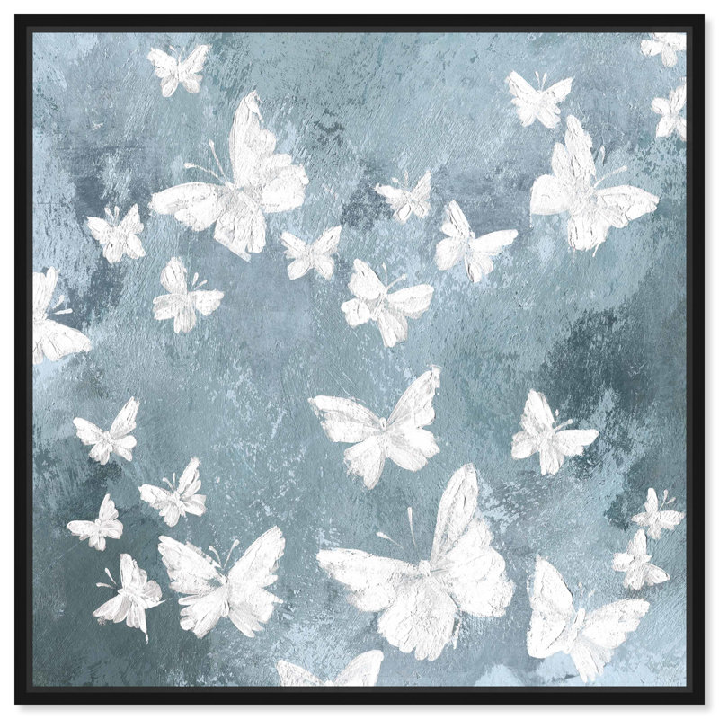 Animaux, papillons dans le vent, insectes - Impression sur toile, H 24 po x l 24 po, Cadre flottant noir