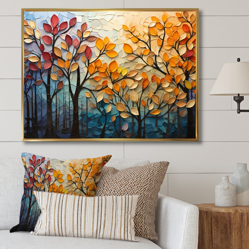 Leaves Autumnal Symphony Patchwork I - Décoration murale feuilles, H 16 po x l 32 po x P 1 po, Doré