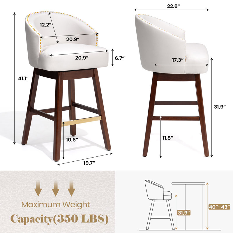 Tabouret de bar pivotant en similicuir 31,9 po avec pieds en bois massif, blanc, Blanc