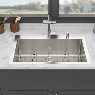 33" 16 Gauge T304 Stainless Steel Topmount Kitchen Sink With Pull - Out Faucet Of Three Water Modes, Soap Dispenser, Bottom Grid And Condensation Coating Single Bowl Mode Down Faucet, X Shaped Guide,