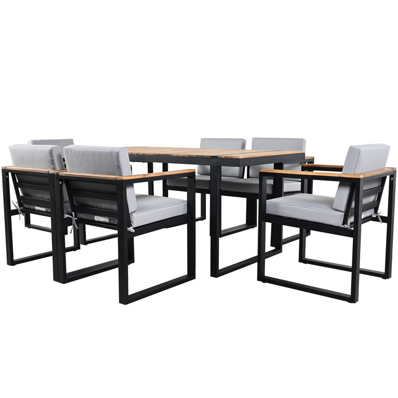 Ensemble de table de salle à manger d'extérieur 7 pièces avec chaises et coussins amovibles pour patio, Gris