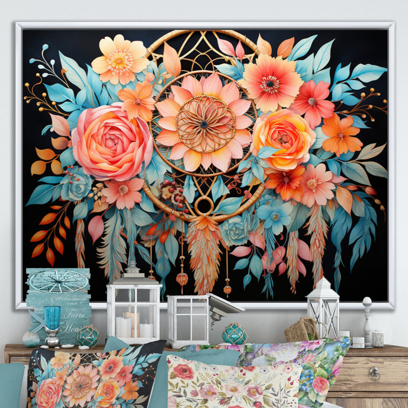 Coral Dream Catcher Dreams, reproduction d'art sur toile, H 34 po x l 44 po, Cadre flottant blanc