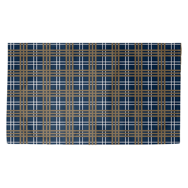 Tapis décoratif bleu marine fait à la main à motif écossais/brun/blanc, Rectangle 2 pi x 3 pi