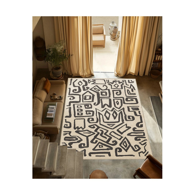 Tapis décoratif moderne à motif abstrait noir et beige, Rectangle 2 pi 4 po x 4 pi