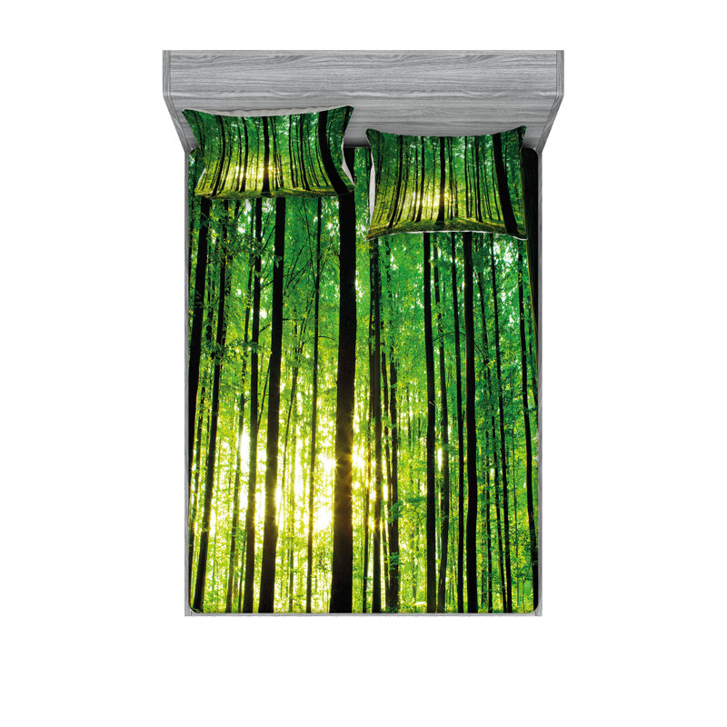 Drap-housse et coussin décoratif Ambesonne Forest vert noir jaune, Ensemble de draps pour très grand lit californien