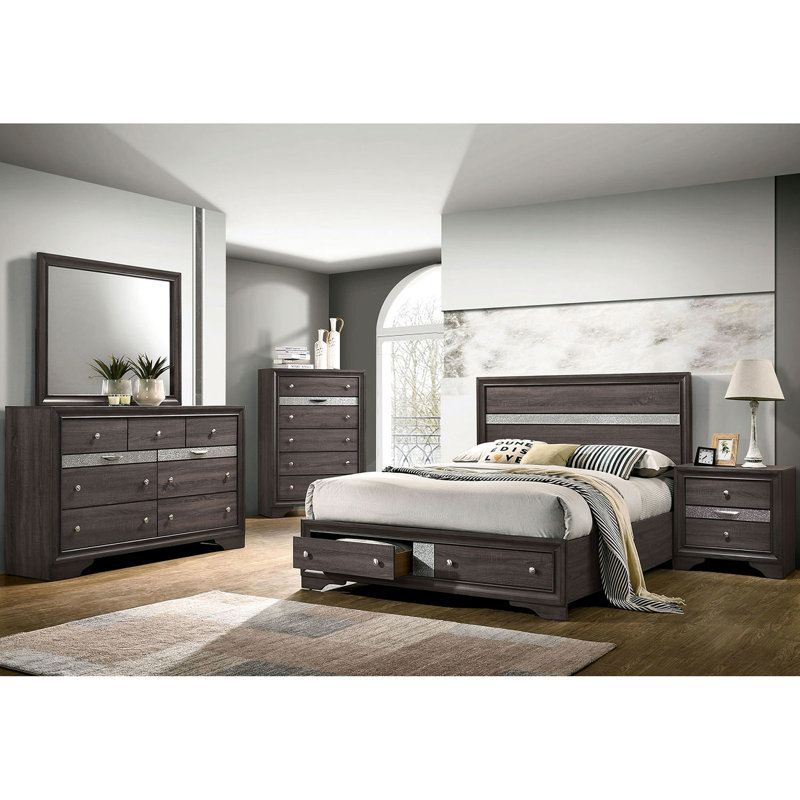 Table de chevet 3 tiroirs en bois gris avec poignées en nickel - Boîte de rangement dissimulée pour chambre à coucher
