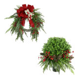 Farmhouse Holiday Wreath and UV Boxwood Drop-In