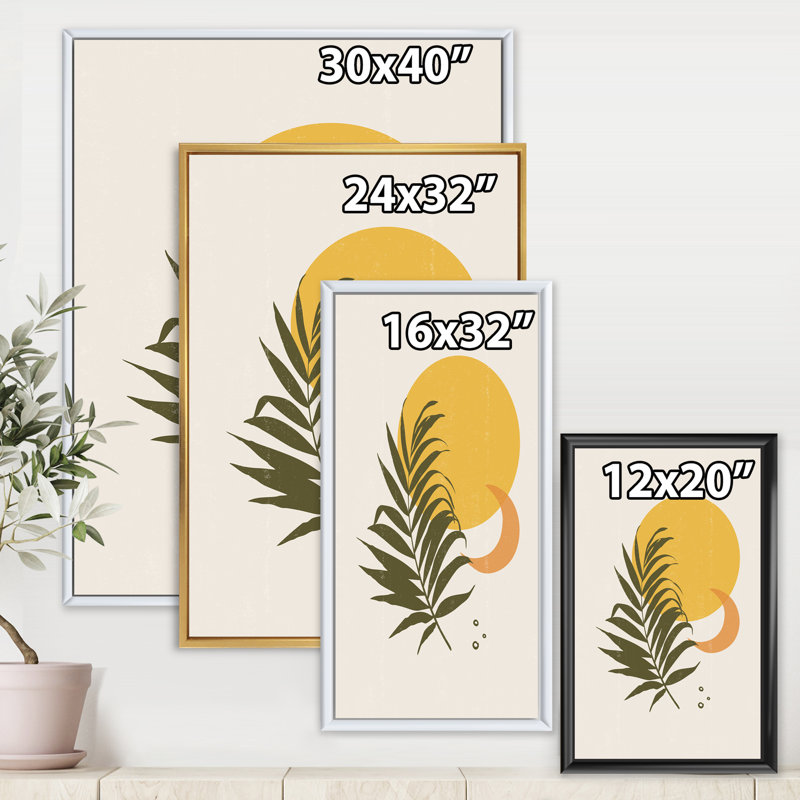 Abstrait soleil jaune et lune avec feuille tropicale I - impression sur toile, H 32 po x l 24 po x P 1 po