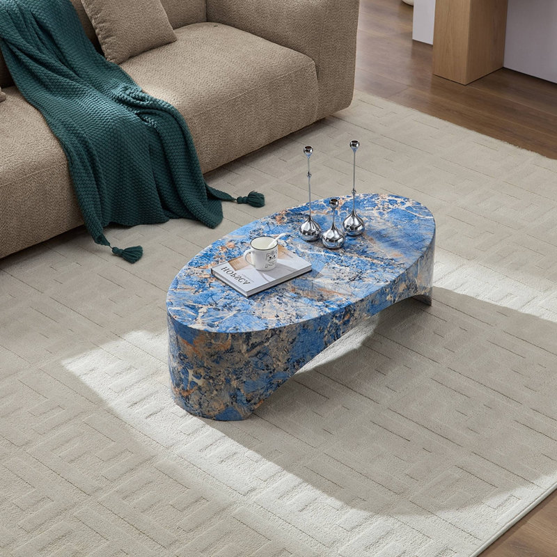 The oval natural marble coffee table side table in the living room, Blue