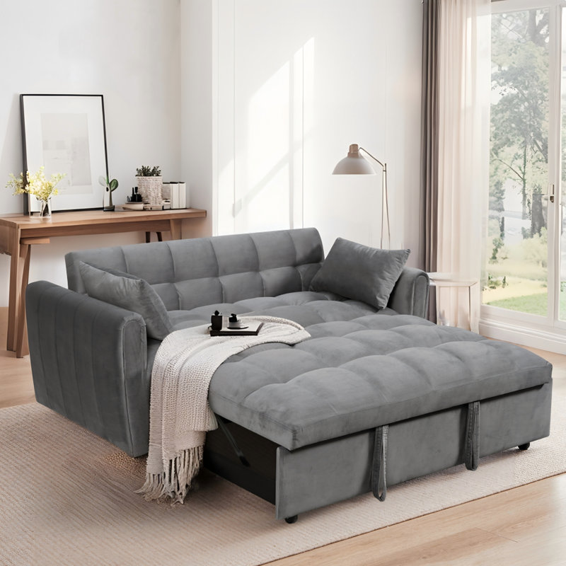 3-In-1 Convertible Sleeper Sofa Bed With Adjustable Backrest,65'' Modern Velvet Pull Out Couch Sofa Bed With 2 Pollows