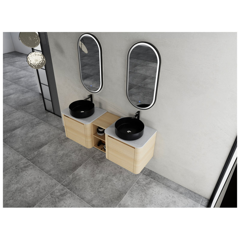 Meuble-lavabo mural 60 po avec finition en chêne blanc américain et lavabo en céramique