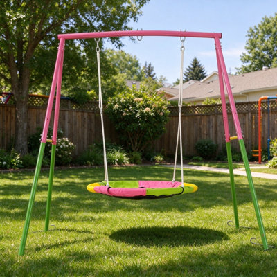 Flying Saucer Swing Set with Heavy-Duty Full Steel A-Frame Stand, 440 LBS Rust Resistant Metal Swing Frame, Indoor Outdoor Backyard Saucer Swing for Kids & Adults