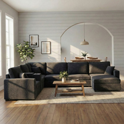 Canapé modulaire en forme de U de 134 po à 5 places avec sièges profonds, porte-gobelets intégrés, tiroir de rangement et coussins