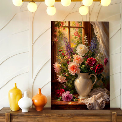 Floral, nature morte, roses, fenêtre, dentelle, rideau, impression d'art sur toile, couleur coordonnée, affiche pour décoration de salon, décoration murale