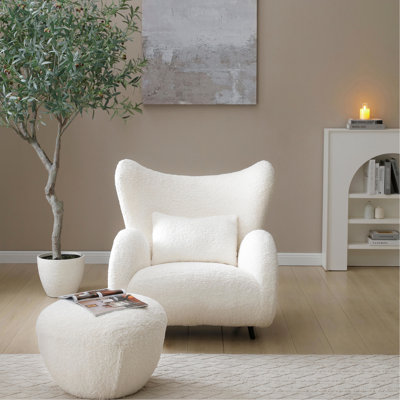 Fauteuil à oreilles blanc moderne et, parfait pour se détendre dans la chambre à coucher, revêtement doux, pieds en bois massif, coussins de pieds antidérapants, salon design, sièges confortables, mousse haute densité,