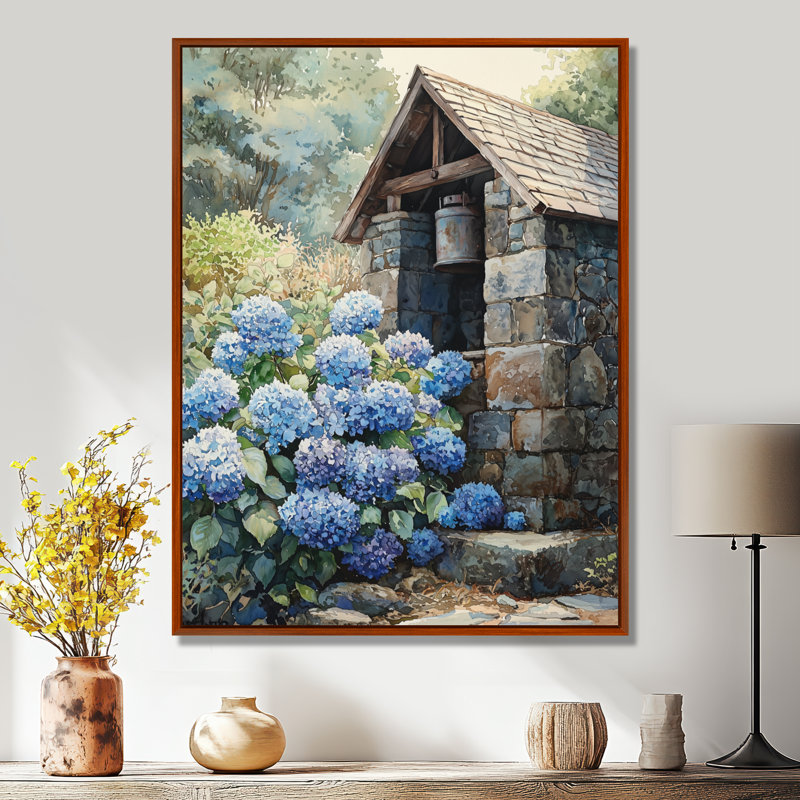 «Hydrangeas By The Farm Well II - Hydrangea», art mural, H 20 po x l 12 po, Reproduction avec cadre flottant, Brun